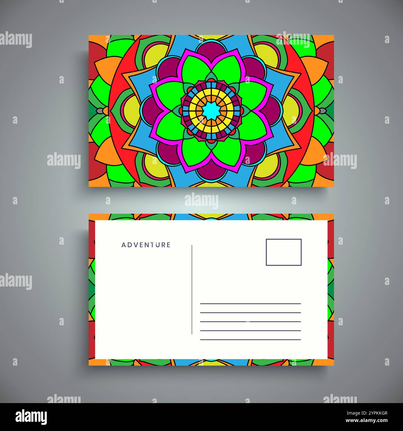 Modello da cartolina con mandala floreale arabesco, elementi ornamentali floreali luminosi, modello di sfondo vettoriale con motivo mandala ornamentale Illustrazione Vettoriale