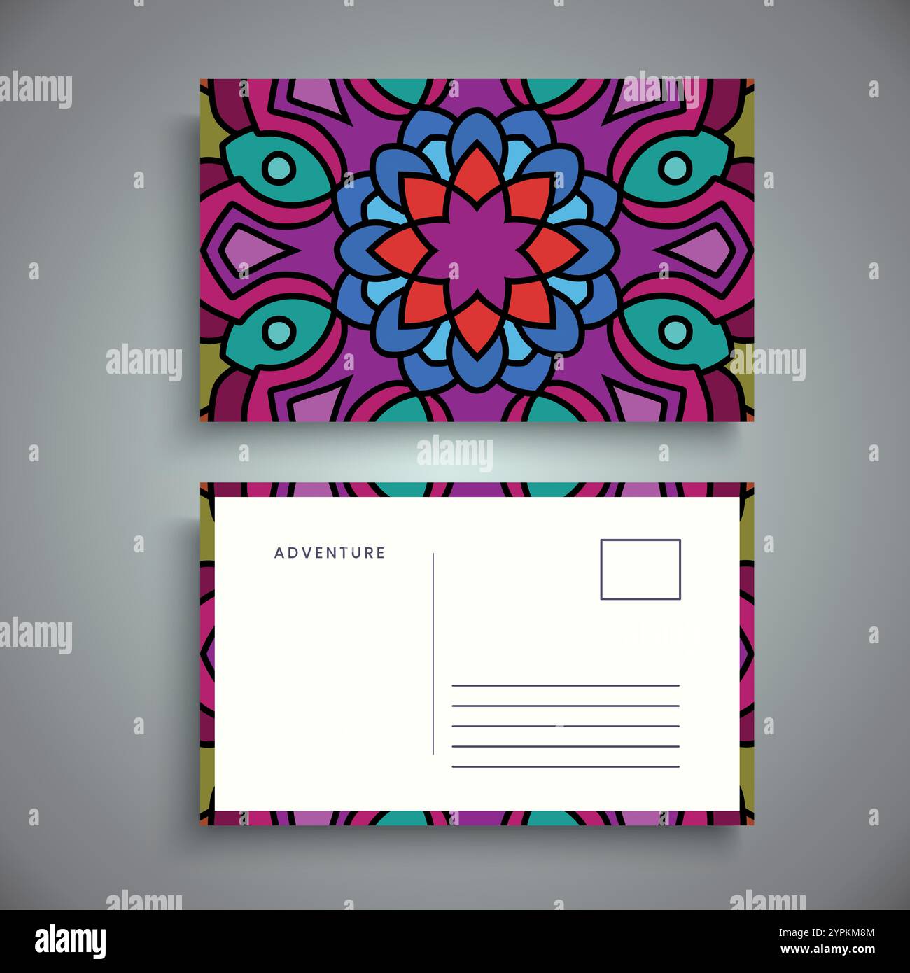 Modello da cartolina con mandala floreale arabesco, elementi ornamentali floreali luminosi, modello di sfondo vettoriale con motivo mandala ornamentale Illustrazione Vettoriale