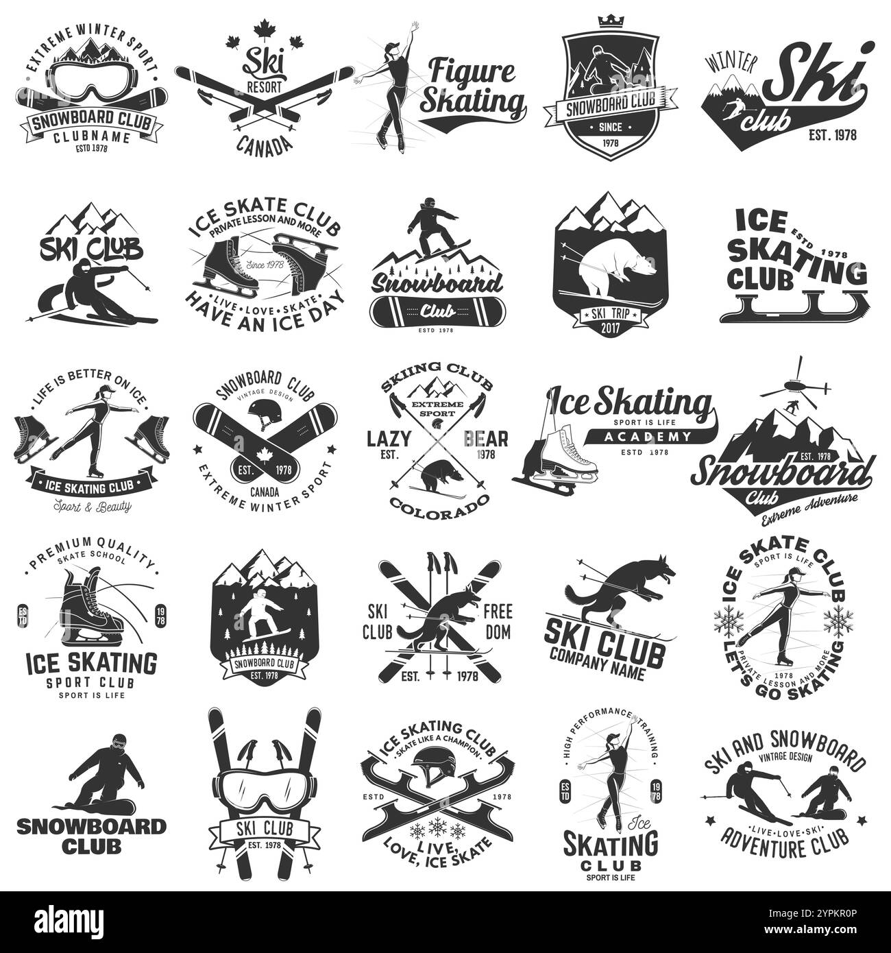 Emblema di Ski, Ice Skate e Snowboard Club. Vettore. Concetto per maglietta, stampa, timbro, badge o tee. Design tipografico vintage con snowboarder e skate Illustrazione Vettoriale