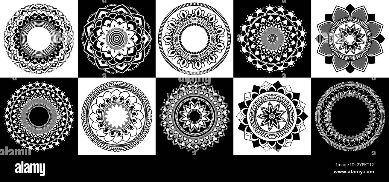 Set di mandalas zentangle d'oro, Mandala per henné, mehendi, tatuaggi, elementi ornamentali etnici decorativi, motivi orientali Illustrazione Vettoriale