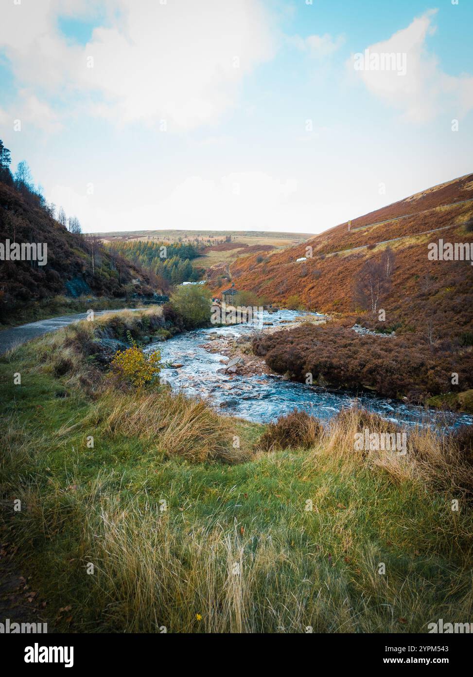 Idilliaca valle del fiume con Rolling Hills e vegetazione autunnale sotto un cielo luminoso Foto Stock