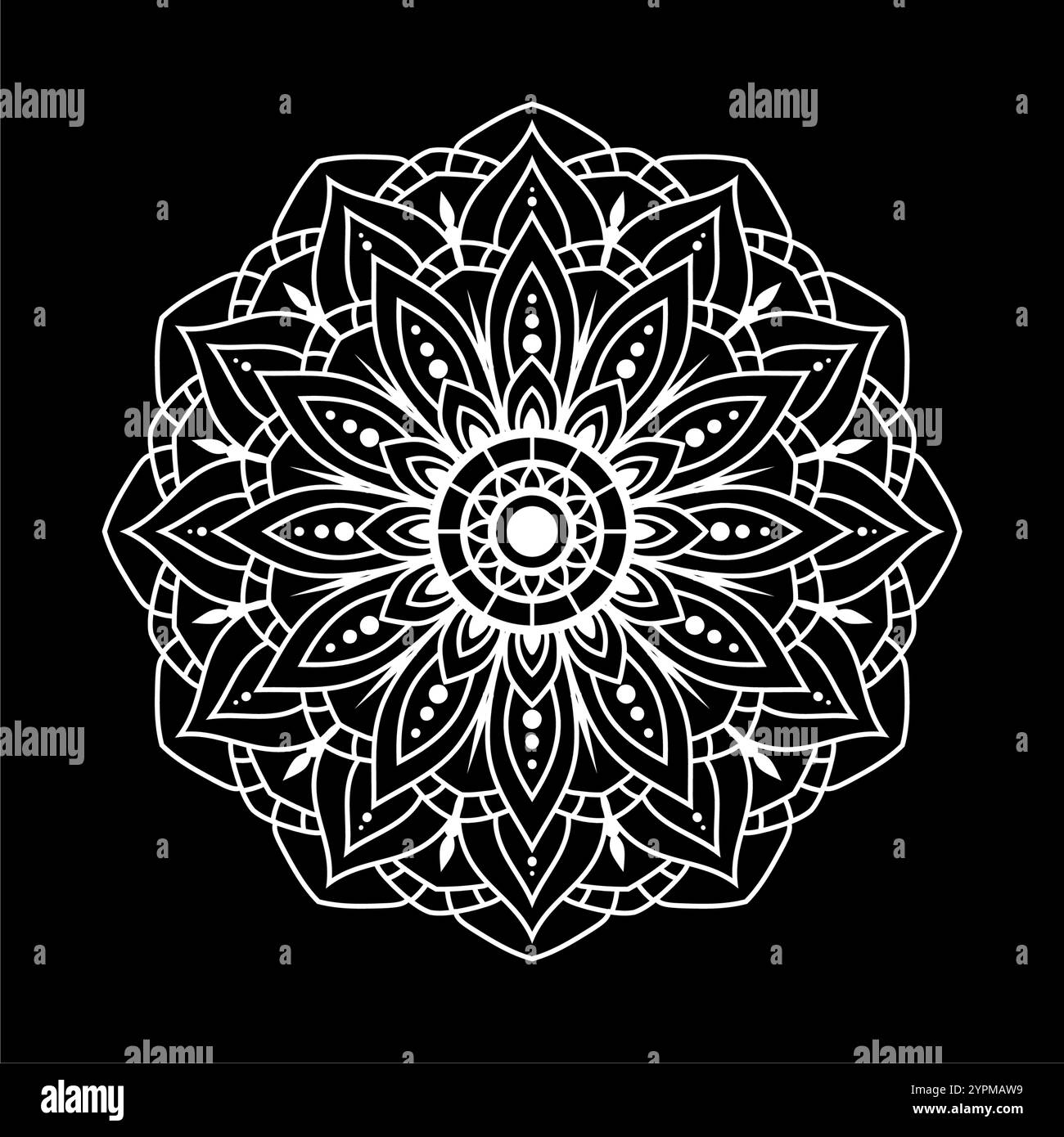 Mandala bianco su sfondo nero, disegno a forma di matita, motivi ornamentali rotondi per Henna, Mehndi, tatuaggio Illustrazione Vettoriale