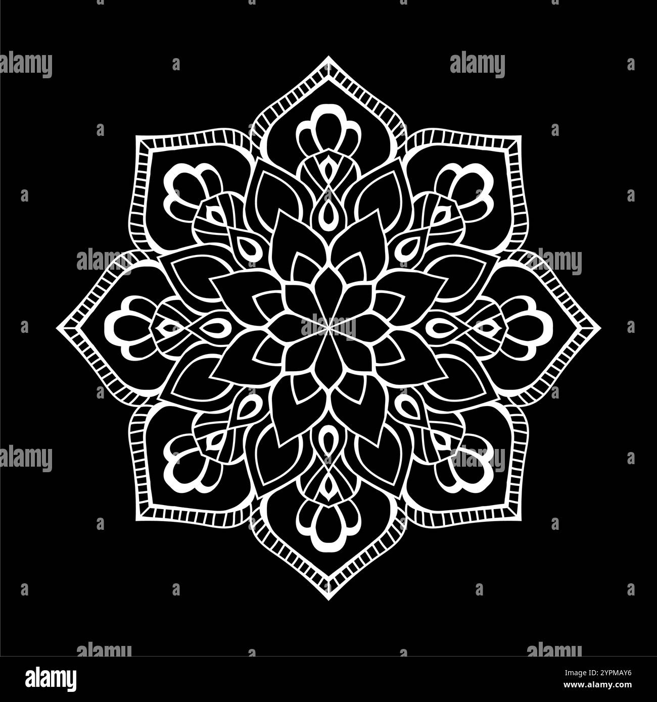 Mandala bianco su sfondo nero, disegno a forma di matita, motivi ornamentali rotondi per Henna, Mehndi, tatuaggio Illustrazione Vettoriale