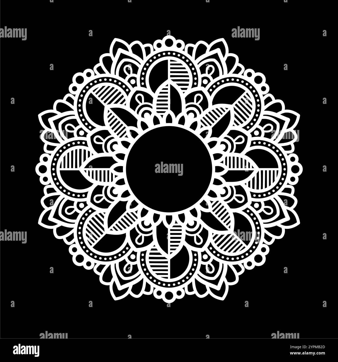 Mandala bianco su sfondo nero, disegno a forma di matita, motivi ornamentali rotondi per Henna, Mehndi, tatuaggio Illustrazione Vettoriale