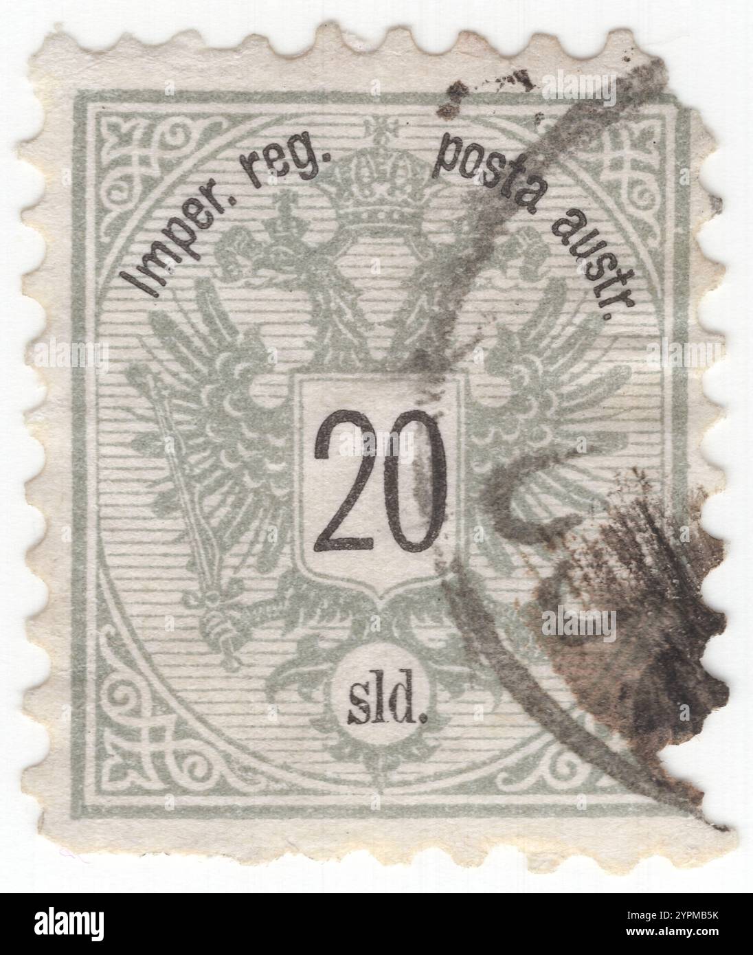 UFFICIO POSTALE AUSTRIACO NELL'IMPERO TURCO — 1883 agosto 15: 20 soldo francobollo grigio raffigurante il numero di valore sullo stemma della monarchia austriaca. L'aquila a doppia testa della Casa regnante degli Asburgo-Lorena fu usata dalle comuni istituzioni imperiali e reali (k. u. k.) dell'Austria-Ungheria o dalla doppia monarchia. L'Impero austro-ungarico mantenne i propri uffici postali nell'Impero ottomano, tipicamente motivati dall'inaffidabile sistema postale degli ottomani. Gli ultimi uffici postali austriaci rimasti nell'area della Turchia sono stati chiusi il 30 settembre 1914 Foto Stock