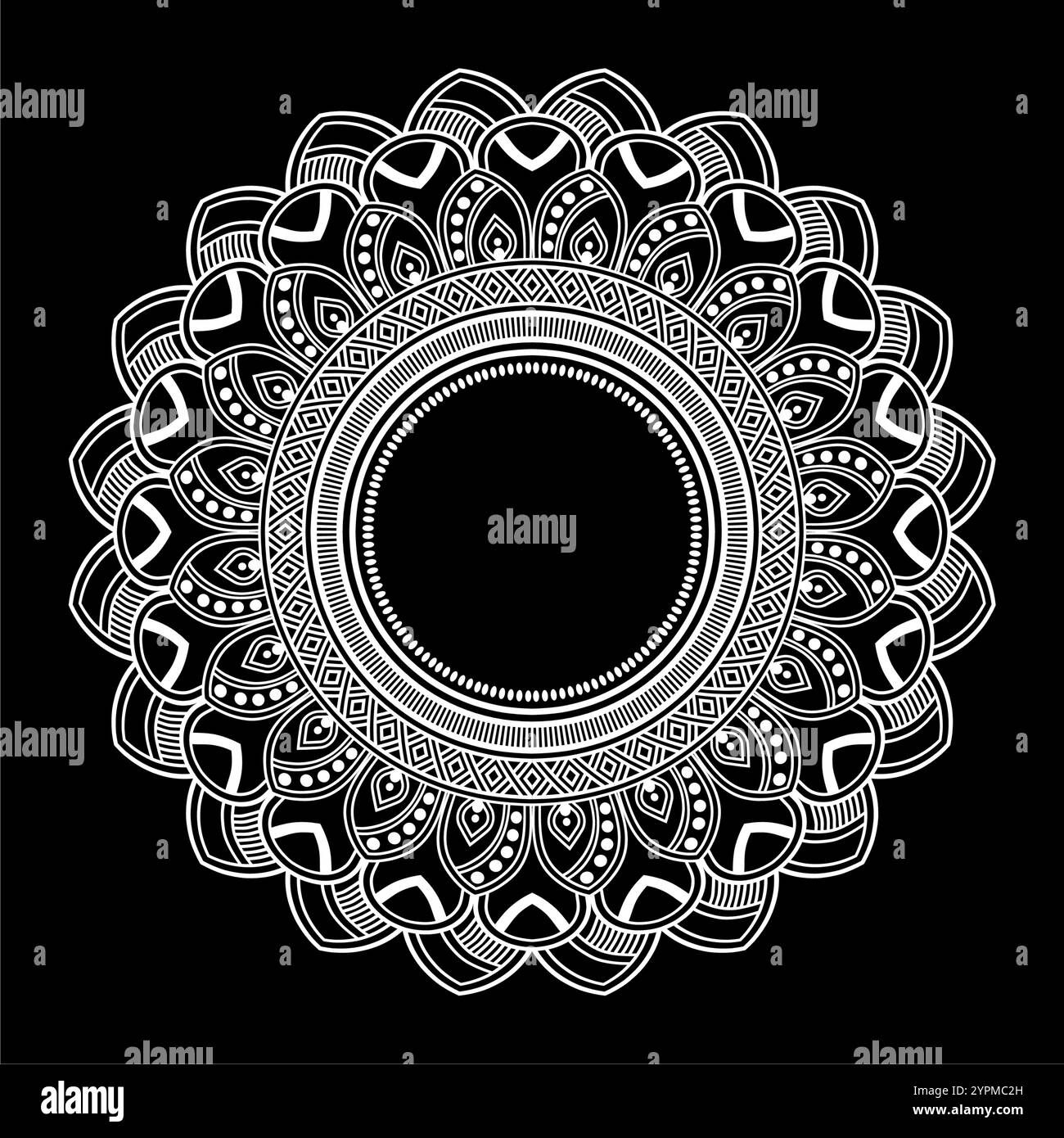 Mandala bianco su sfondo nero, disegno a forma di matita, motivi ornamentali rotondi per Henna, Mehndi, tatuaggio Illustrazione Vettoriale
