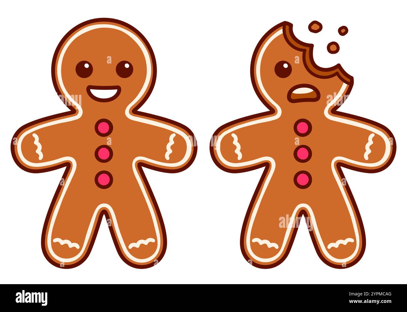 Cartoon gingerbread uomo disegno, intero e con morso della testa. Divertente illustrazione del vettore dei biscotti natalizi. Illustrazione Vettoriale