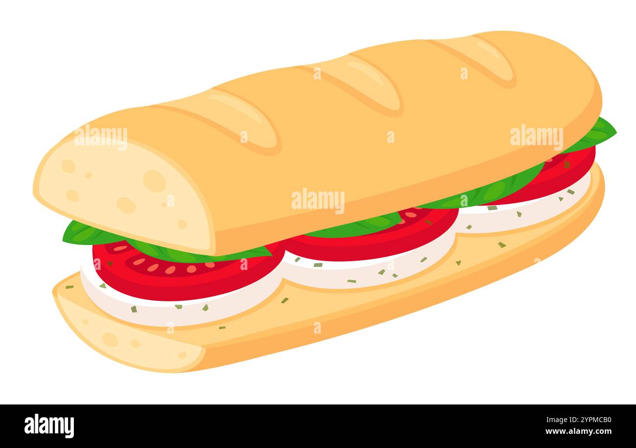 Panino Caprese in sottoforma con mozzarella, pomodoro e basilico. Illustrazione grafica del clip vettoriale isolato. Illustrazione Vettoriale