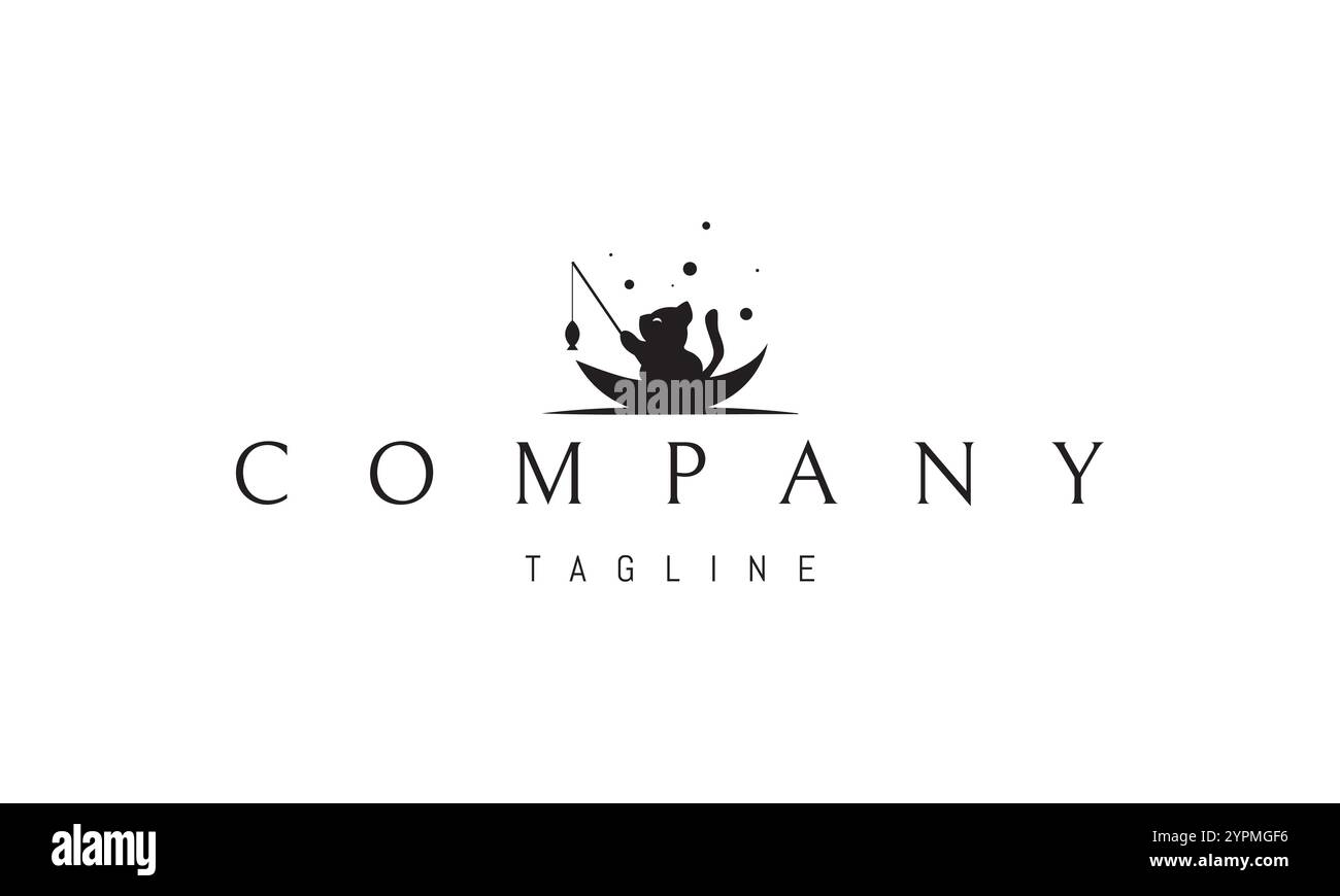 Logo vettoriale con un'immagine astratta di un divertente gatto che pesca in una barca. Illustrazione Vettoriale