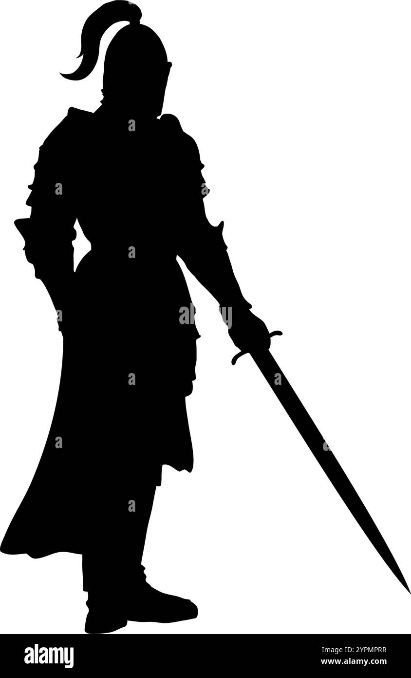 silhouette di un cavaliere medievale con una spada Illustrazione Vettoriale