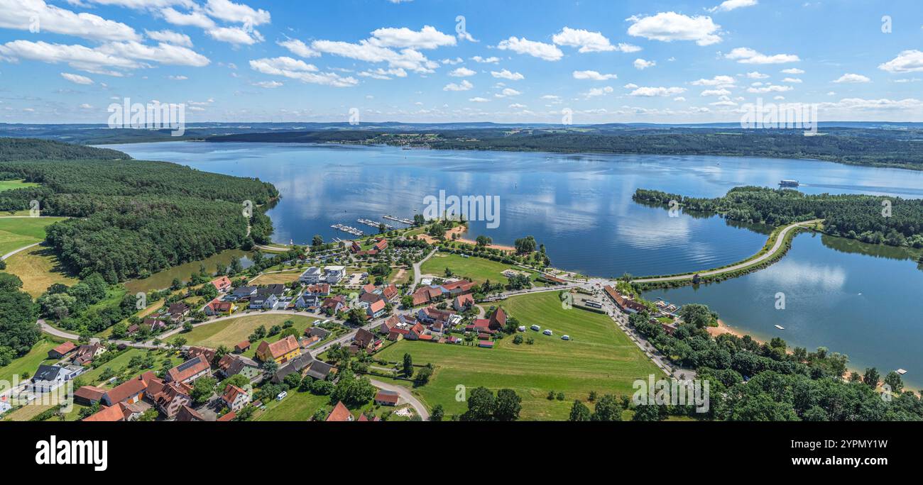 La regione turistica del Distretto dei Laghi della Franconia vicino a Enderndorf sul Großer Brombachsee dall'alto Foto Stock