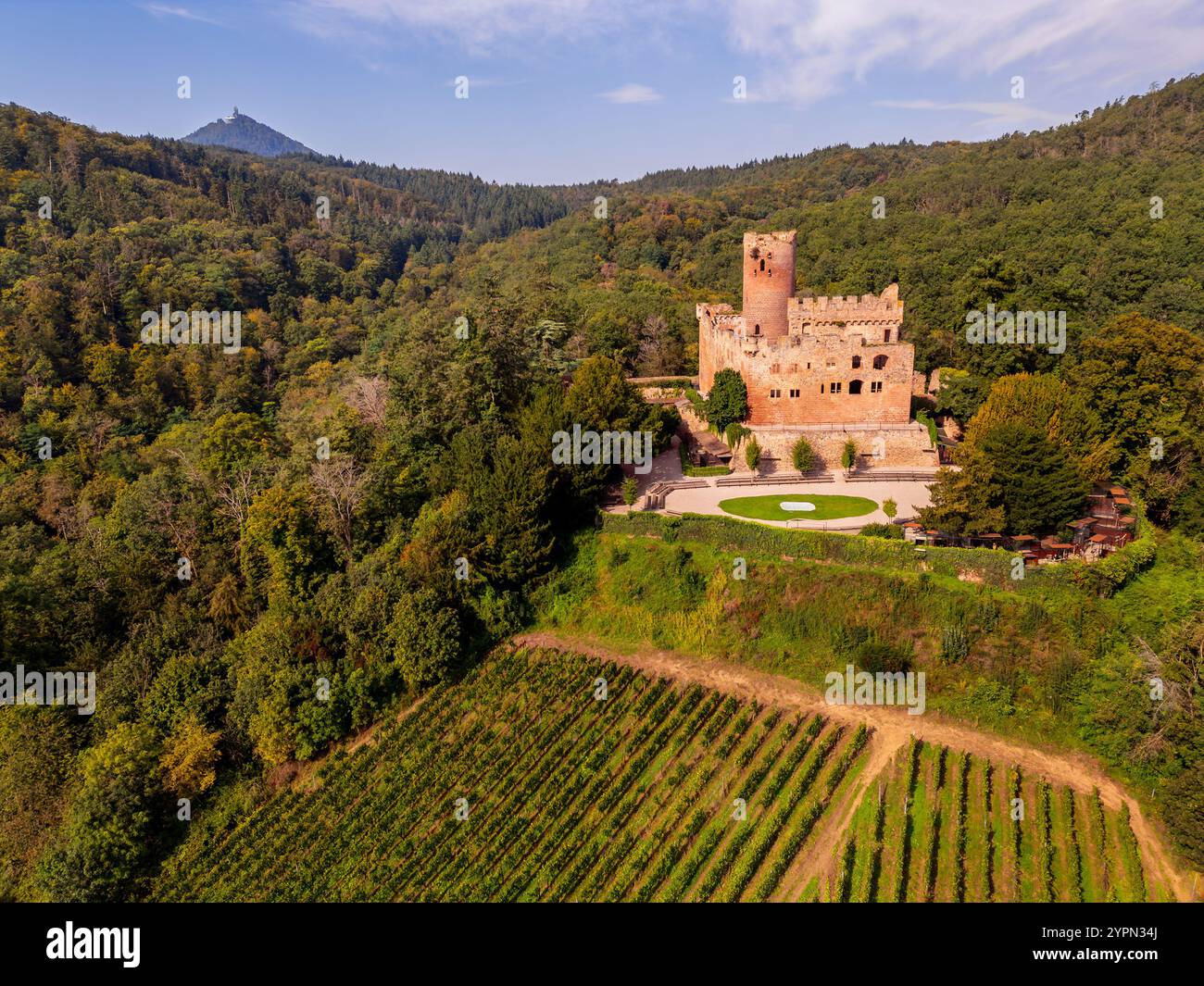 Punto di vista del drone ad angolo alto sul castello di Kintzheim a Kintzheim, Alsazia, Francia orientale. Il castello risale al XII secolo. Foto Stock