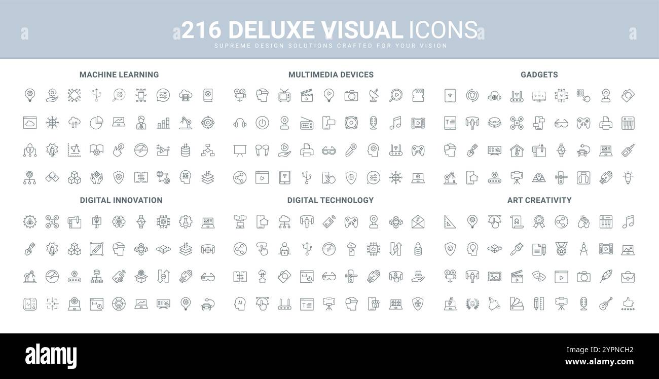 Set di icone per l'arte digitale, la creatività e l'innovazione dell'intelligenza artificiale. Dispositivi per il lavoro e il tempo libero, creazione di contenuti multimediali, algoritmi, istruzioni manuali simboli sottili di contorno neri illustrazione vettoriale Illustrazione Vettoriale