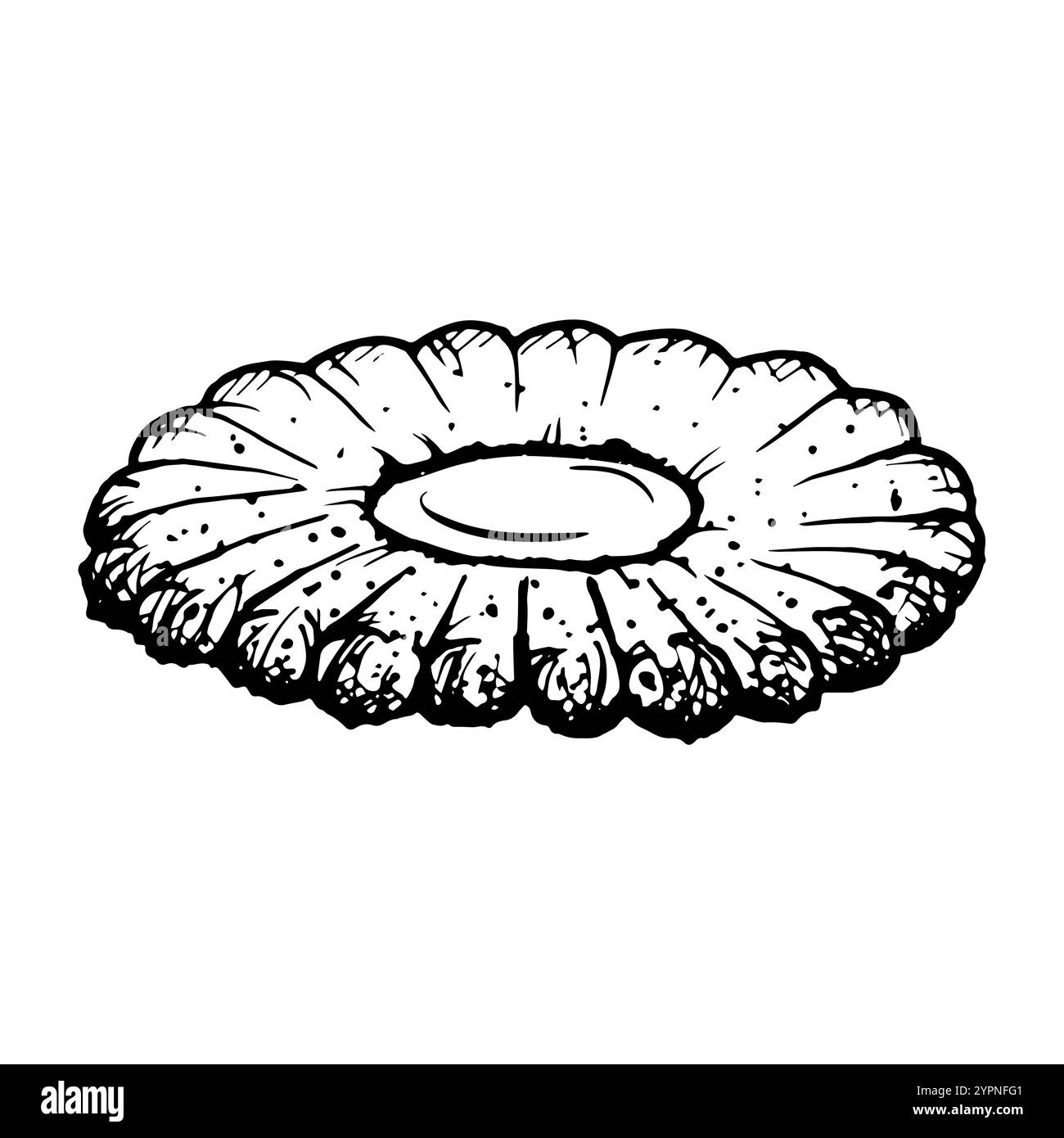 Illustrazione vettoriale dei biscotti linzer di forma rotonda con un centro di riempimento delle marmellate. Clipart per scopi di progettazione. Disegno dettagliato in bianco e nero dello stile dell'inchiostro Illustrazione Vettoriale