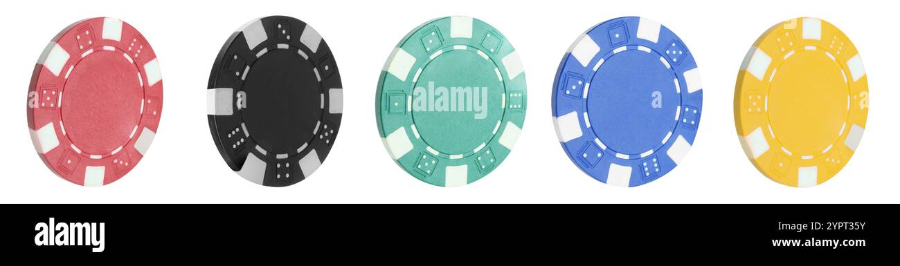 Diverse chip del casinò isolate su bianco, set Foto Stock
