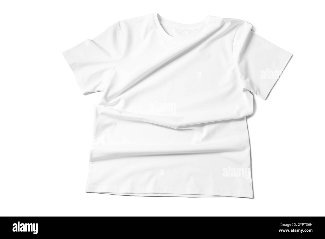 T-shirt bianca su sfondo bianco, vista dall'alto Foto Stock