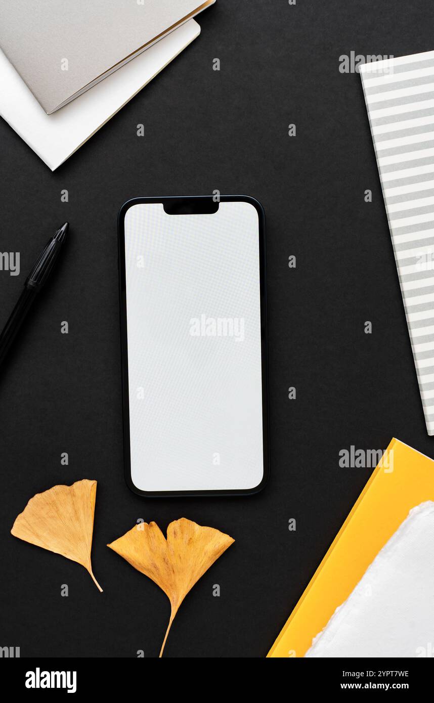 Smartphone moderno su sfondo nero da tavolo con decorazioni naturali, blocchi appunti gialli e grigi - elegante configurazione dello spazio di lavoro. Vista dall'alto. Copia spazio Foto Stock