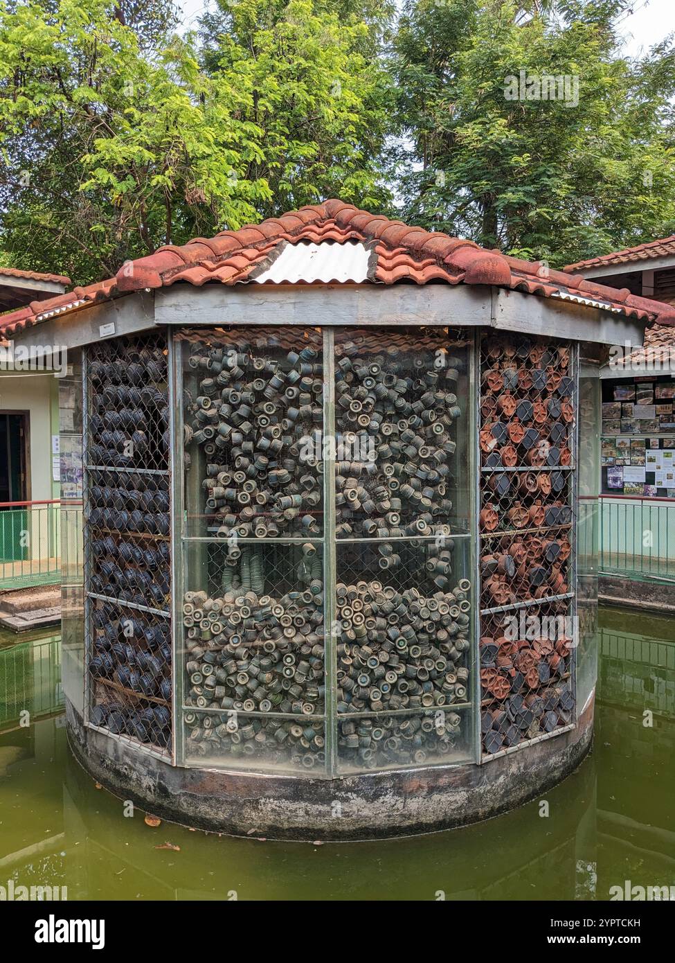 Mine terrestri inesplose e bombe a grappolo sono state raccolte in tutta la Cambogia dopo la guerra, ora ambientate nel Museo delle mine terrestri a Siem Reap in Cambogia Foto Stock