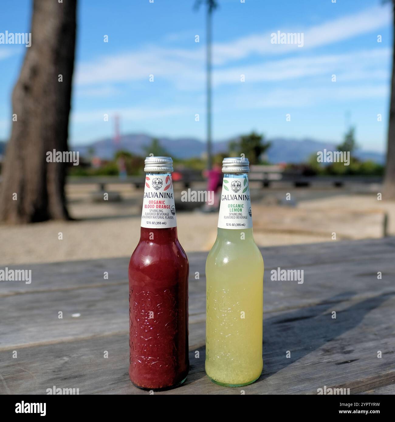 Due bottiglie di bevanda frizzante biologica Galvanina di produzione italiana con aranciata e limone su un tavolo da picnic con sfondo sfocato all'aperto Foto Stock