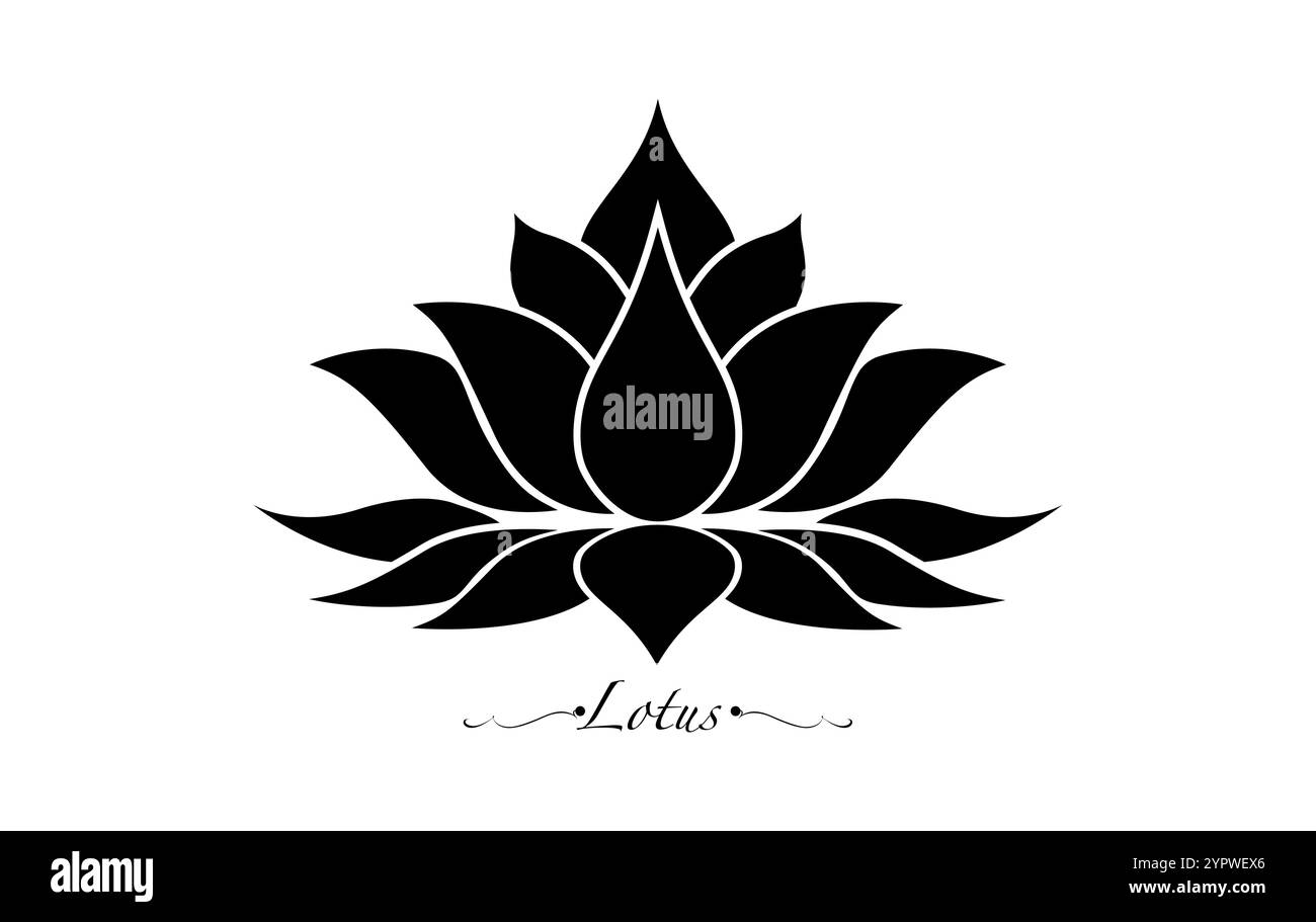 Fiore di loto sacro, ornamento floreale stilizzato, logo. Fiore simbolo dello yoga, spa, salone di bellezza, cosmetici, relax, stile del marchio. Vettore Illustrazione Vettoriale