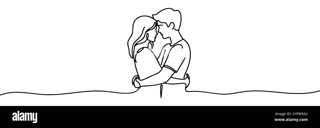 Disegno su una sola linea di una bella coppia carina. Coppia abbraccio disegno continuo di una linea. Illustrazione Vettoriale