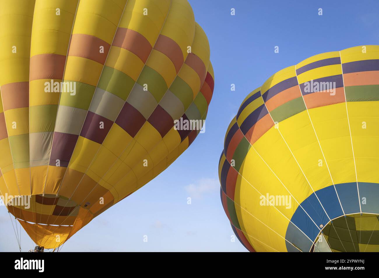 Palloncini colorati gialli e rossi ad aria calda sul cielo blu in California Foto Stock