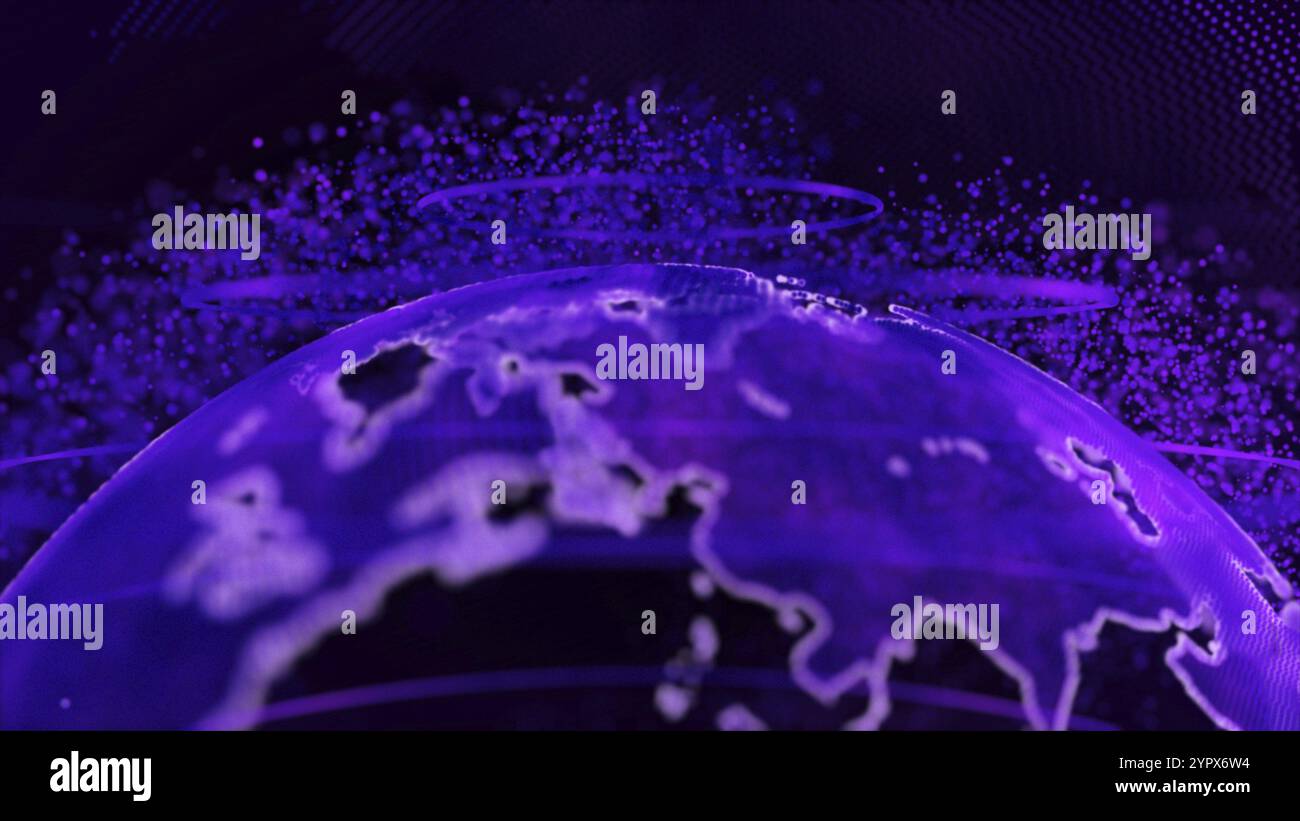 Rendering 3D verde viola 3D della tecnologia terrestre, del business e delle comunicazioni. Rotazione del globo terrestre con particelle di plesso intorno. Notizie televisive Foto Stock