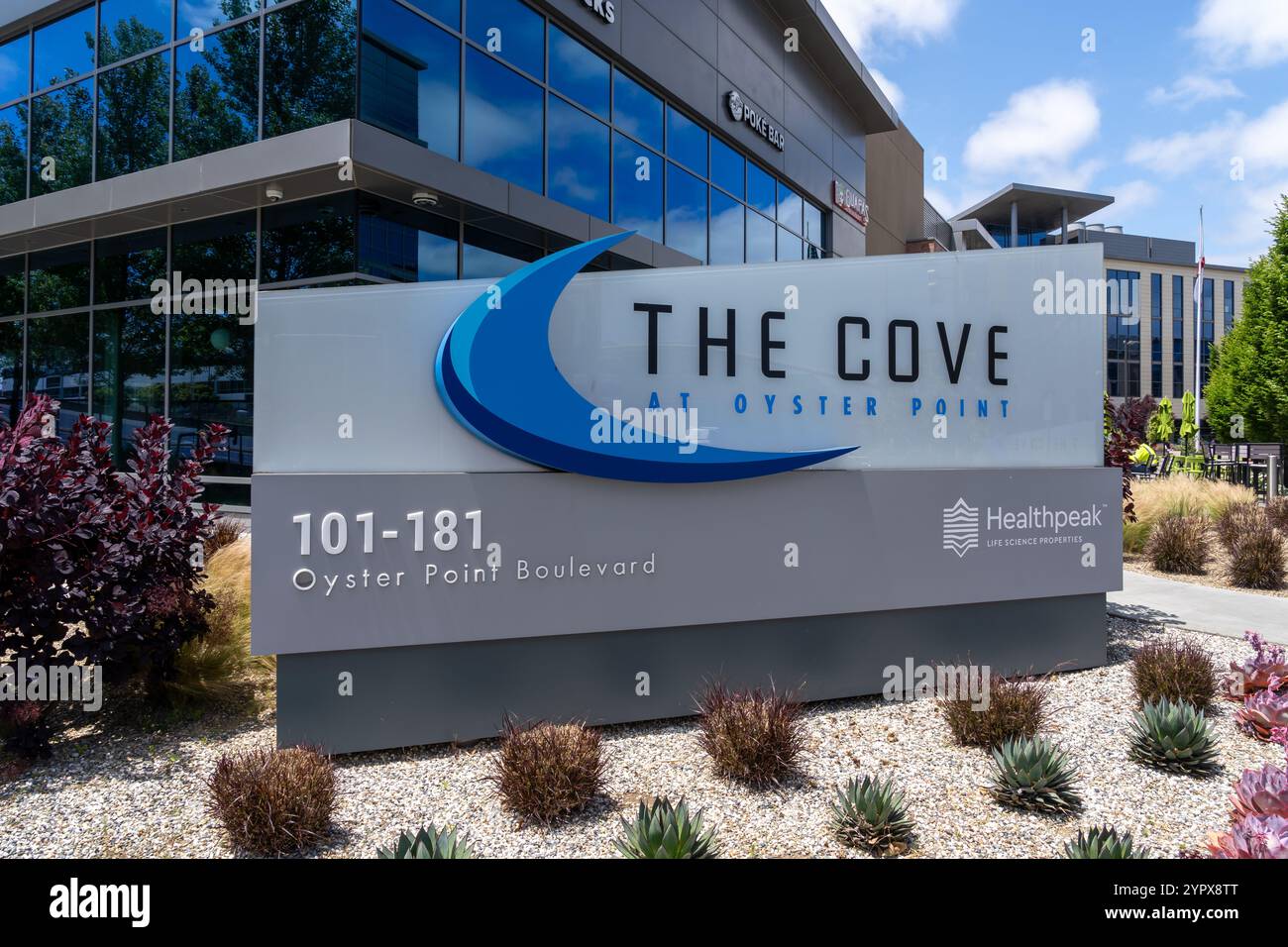 Sud di San Francisco, CA, Stati Uniti d'America - 7 giugno 2023: È visibile l'insegna del Cove at Oyster Point Business Park. Sud di San Francisco, CALIFORNIA, Stati Uniti. Foto Stock