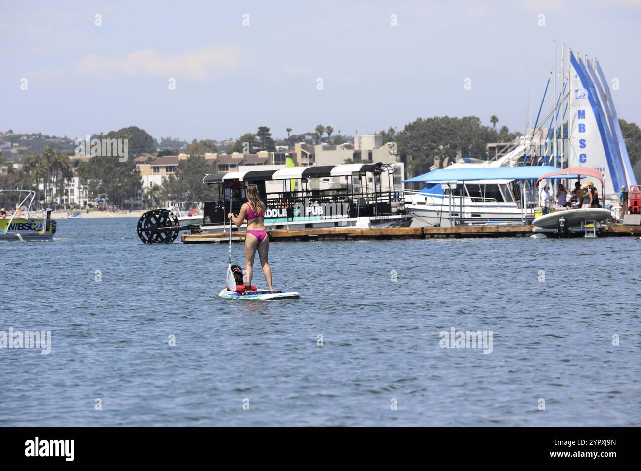 Uomo che vola flyboard su un Flyboard, dispositivo di idroilluminazione che fornisce propulsione per guidare il Flyboard, San Diego, California, Stati Uniti. Settembre 26 t Foto Stock