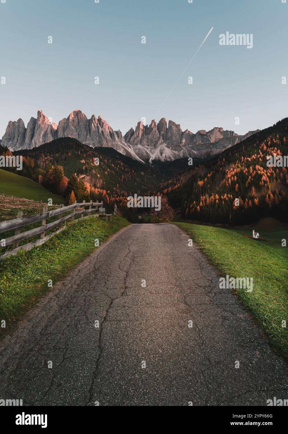 Una strada accogliente incastonata nelle Dolomiti con una pineta e montagne sullo sfondo al tramonto Foto Stock