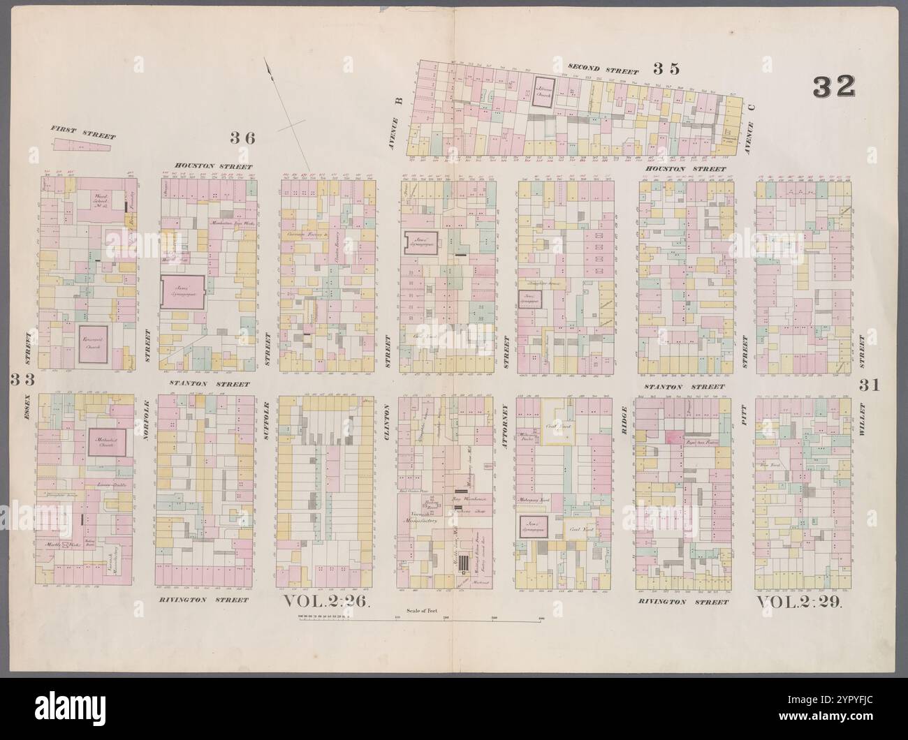 Mappa delimitata da Houston Street, Willett Street, Rivington Street, Essex Street, Houston Street, Clinton Street, 2nd Street, Pitt Street, targa 32 1857 - 1862 di Perris, William Foto Stock