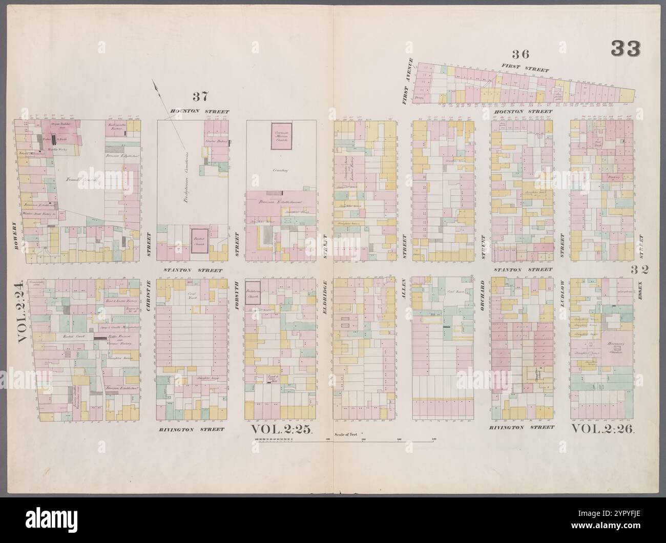Mappa delimitata da Houston Street, Allen Street, 1st Street, Essex Street, Rivington Street, Bowery, targa 33 1857 - 1862 di Perris, William Foto Stock