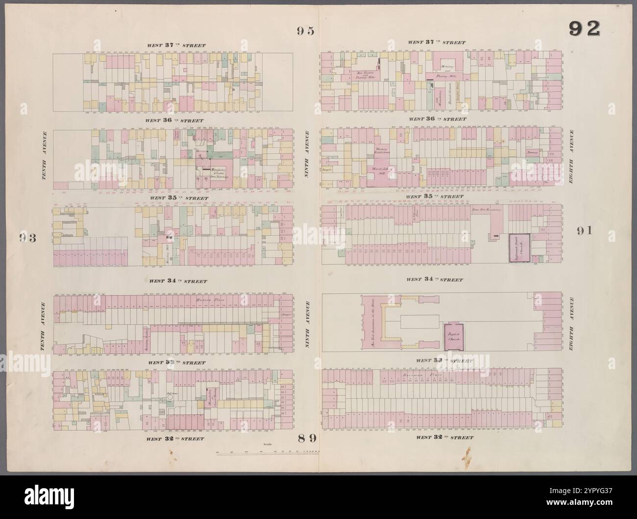 Mappa delimitata da West 37th Street, Eighth Avenue, West 32nd Street, Tenth Avenue, Plate 92 1857 - 1862 di Perris, William Foto Stock