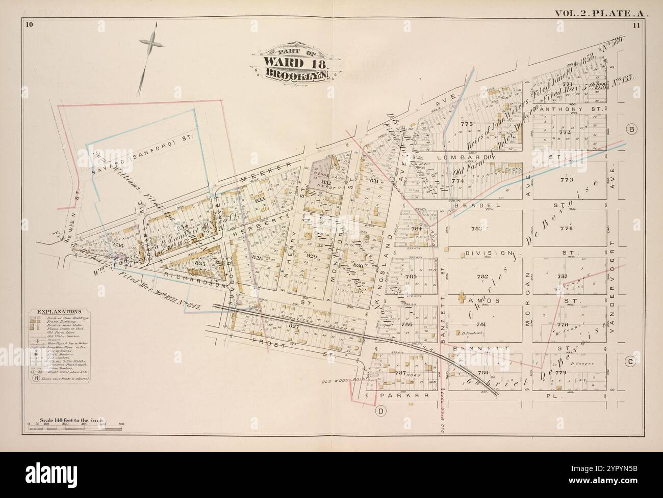 Mappa Bound by Bayard (Sanford) St., Meeker Ave., Vandervoort Ave., Parker PL., Kingsland Ave., Frost St., Humboldt Ave., Richardson St., Ewen St.; tra cui Herbert St., Anthony St., Lombard St., Beadel St., Division St., Amos St. Bennett St., Graham Ave., N. Henry St., monitor St., Banzette St. Morgan Ave., Vol. 2. Piastra, A. 1880 Foto Stock