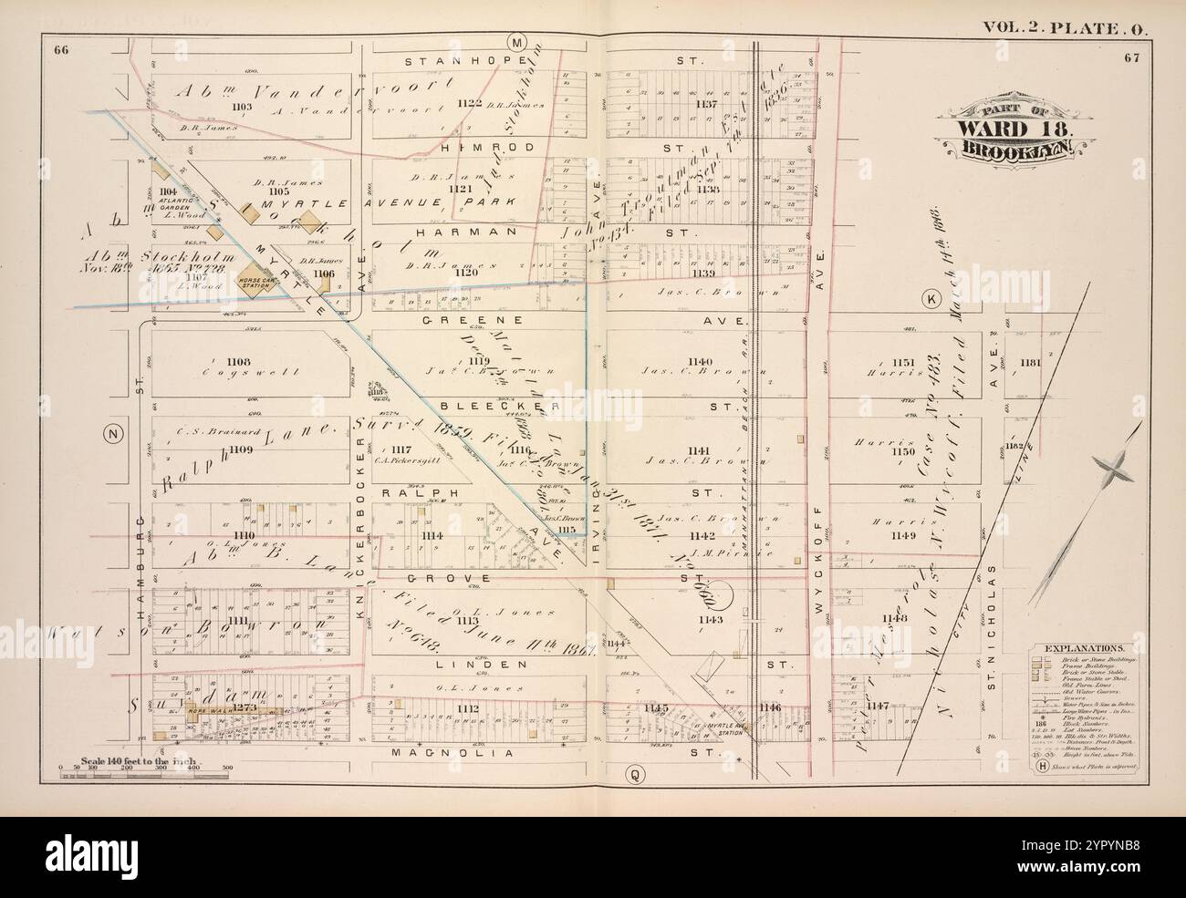 Mappa Bound by Stanhope St., Wyckoff Ave., Greene Ave., St. Nicholas Ave., Magnolia St., Hamburg St.; tra cui Himrod St., Harman St., Bleecker St., Ralph St. Grove St., Linden St., Myrtle Ave., Knickerbocker Ave., Irving Ave., vol. 2. Piastra, O. 1880 Foto Stock