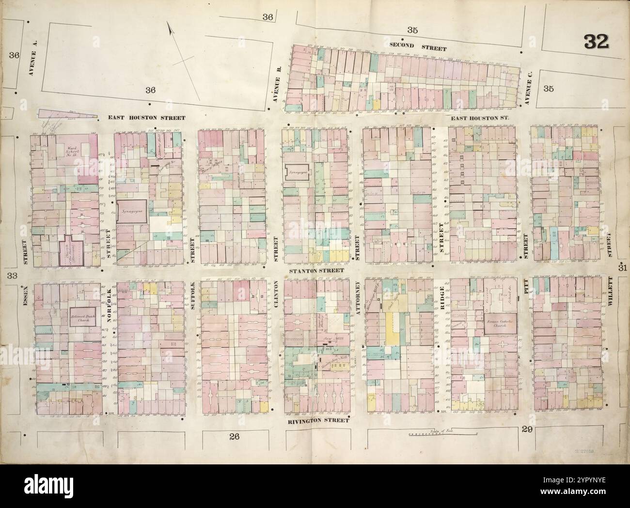 Mappa delimitata da Second Street, Avenue C, Willett Street, Rivington Street, Essex Street; tra cui East Houston Street, Stanton Street, Avenue A, Norfolk Street, Suffolk Street, Avenue B, Clinton Street, Attorney Street, Ridge Street, Pitt Street, piastra 32 1868 Foto Stock