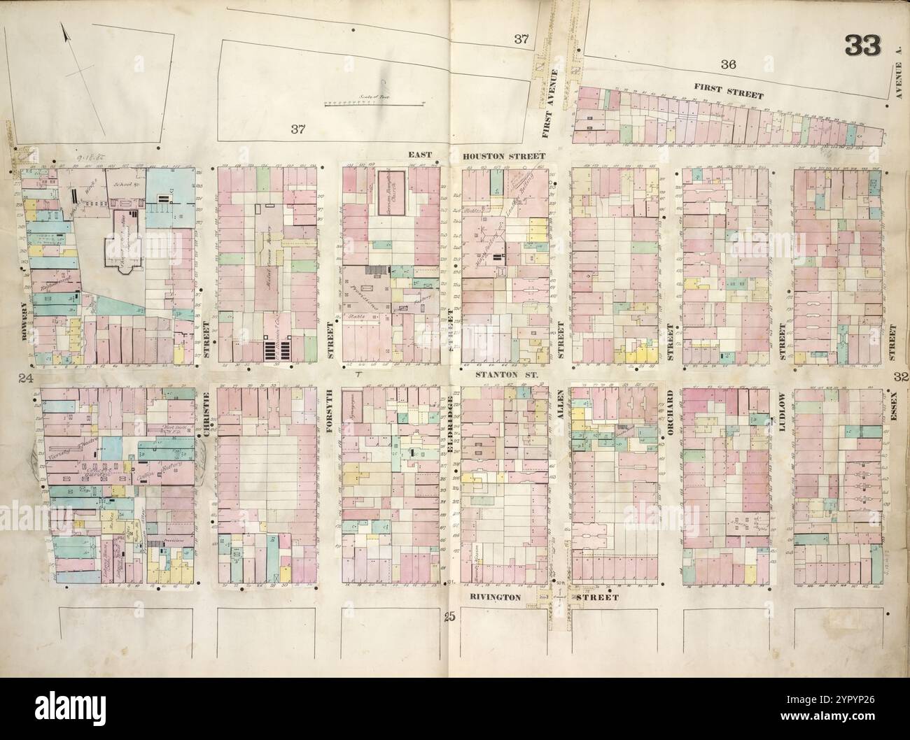 Mappa delimitata da First Street, Essex Street, Rivington Street, Bowery; inclusa Stanton Street, Christie Street, Forsyth Street, Eldridge Street, First Avenue, Allen Street, Orchard Street, Ludlow Street, Avenue A, Plate 33 1868 Foto Stock