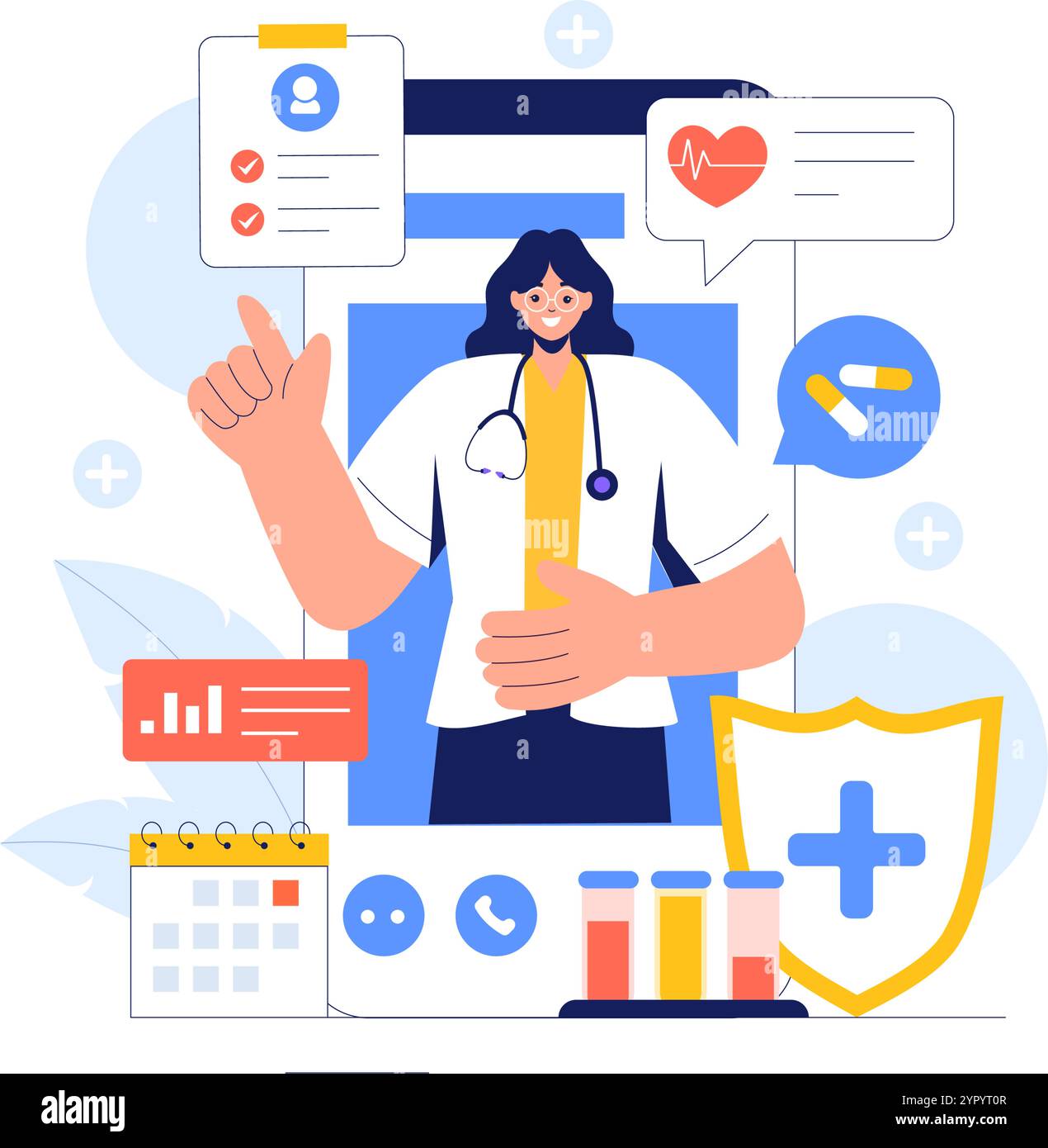 Illustrazione del vettore di monitoraggio sanitario remoto che illustra l'uso della tecnologia digitale per tenere traccia dei dati medici e sanitari in un contesto di stile grasso Illustrazione Vettoriale