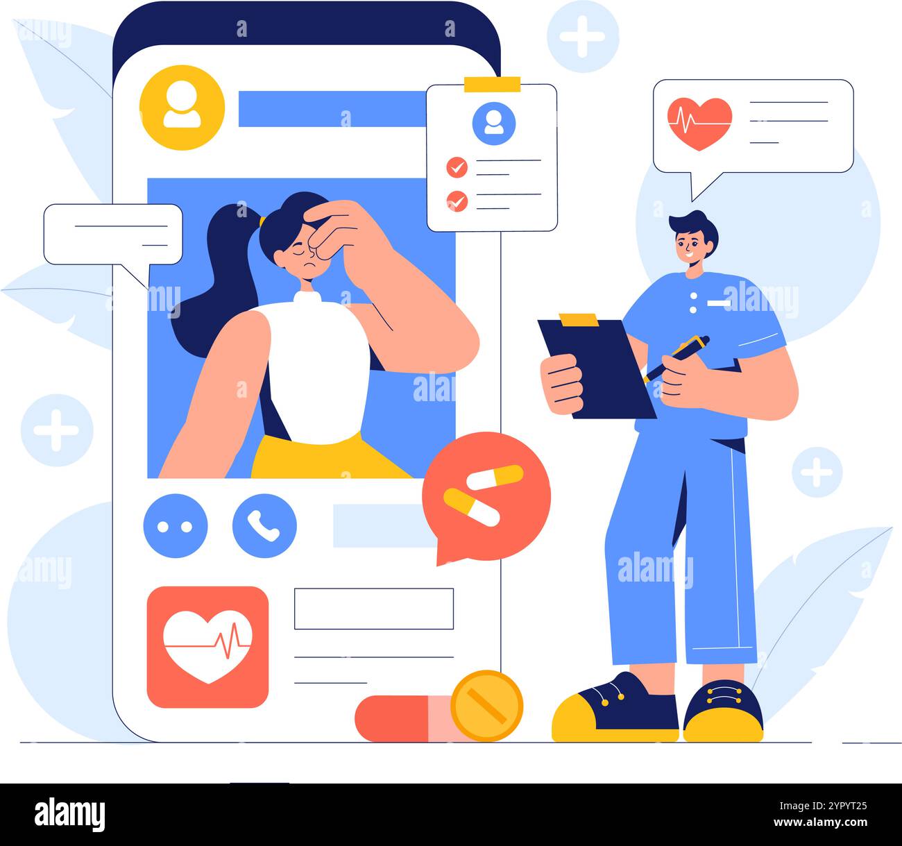 Illustrazione del vettore di monitoraggio sanitario remoto che illustra l'uso della tecnologia digitale per tenere traccia dei dati medici e sanitari in un contesto di stile grasso Illustrazione Vettoriale