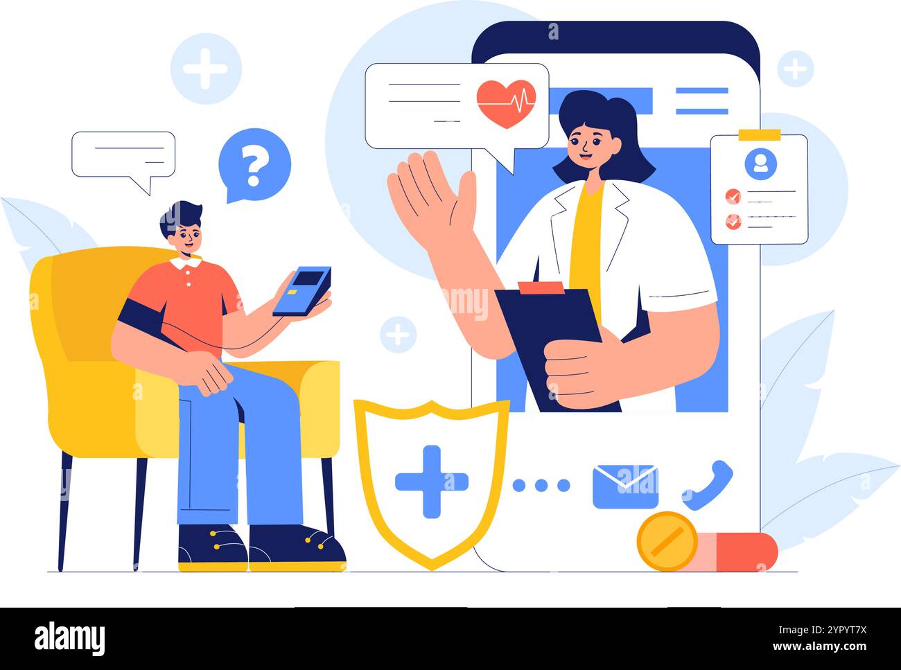 Illustrazione del vettore di monitoraggio sanitario remoto che illustra l'uso della tecnologia digitale per tenere traccia dei dati medici e sanitari in un contesto di stile grasso Illustrazione Vettoriale