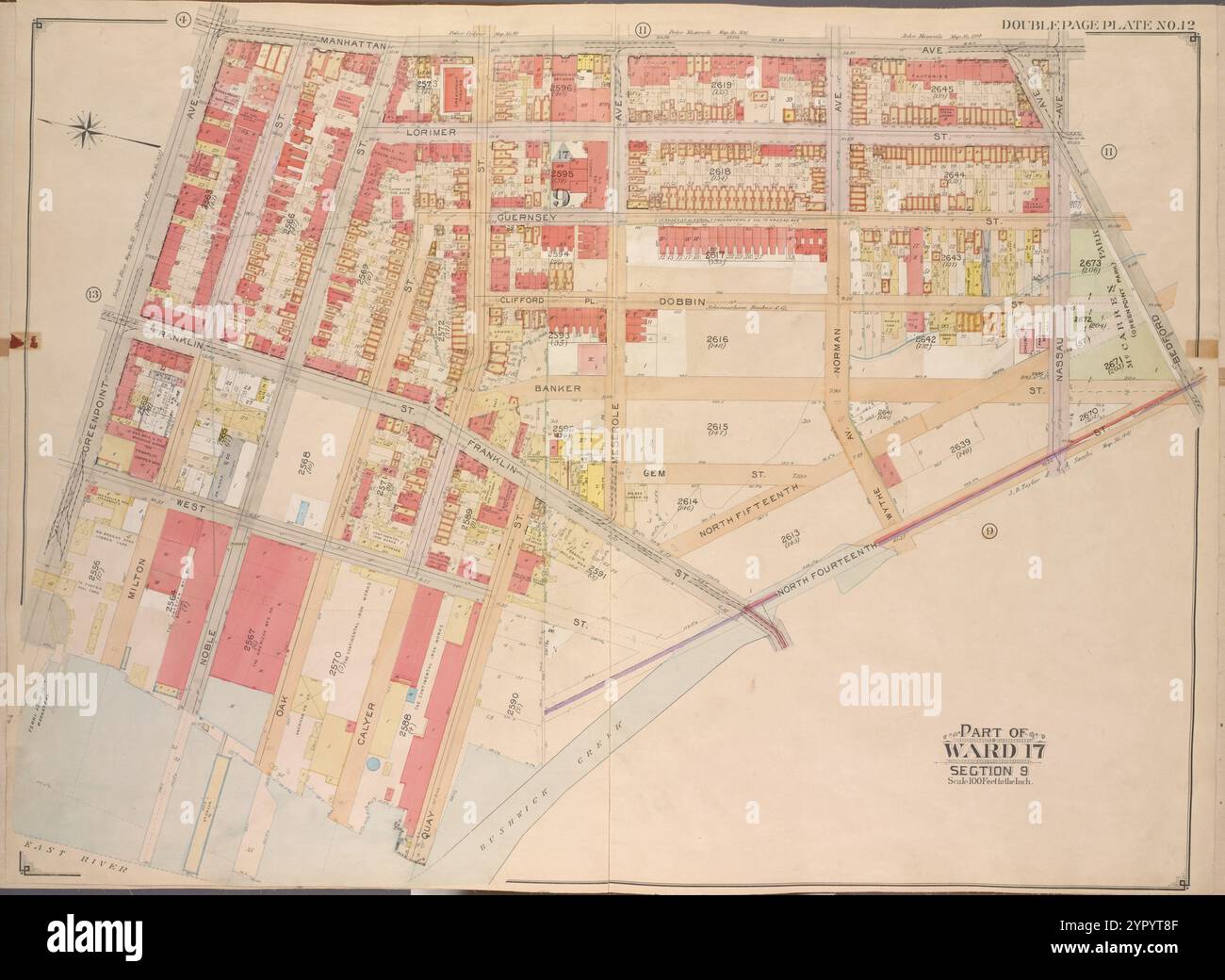 Brooklyn, Vol. 3, Double Page Plate No. 12; Part of Ward 17, Section 9; [Map bounded by Manhattan Ave., Bedford Ave., North Fourteenth St.; including Bushwick Creek, East River, Greenpoint Ave.] 1904 - 1912 di E.B. Hyde & Co. Foto Stock