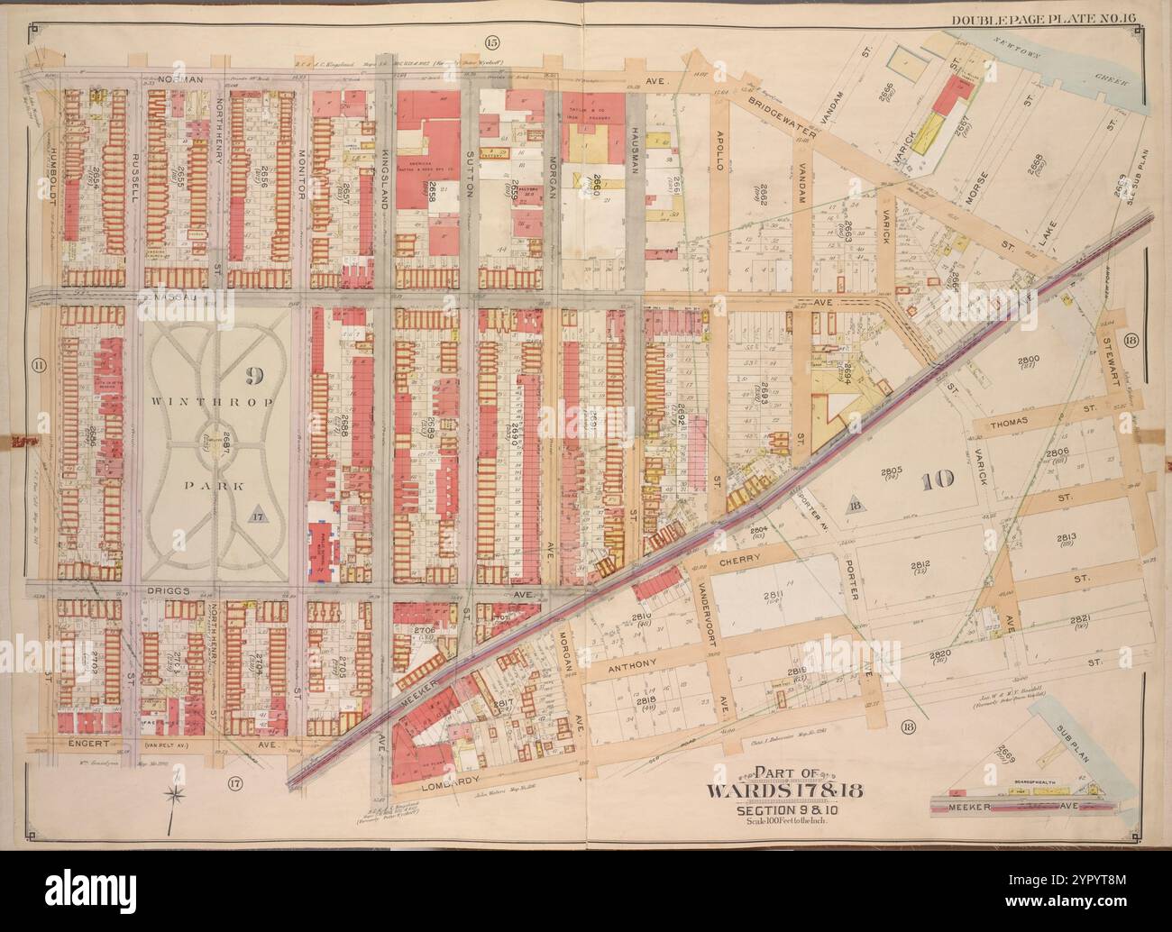 Brooklyn, Vol. 3, Double Page Plate No. 16; Part of Ward 17 & 18, Section 9 & 10; [Map bounded by Norman Ave., Bridgewater St., Vandam St., Newtown Creek including Stewart St., Lombardy St., Engert Ave. (Van Pelt Ave.), Homboldt St.]; Sub Plan; [Map bounded by Meeker Ave.] 1904 - 1912 by E.B. Hyde & Co Foto Stock