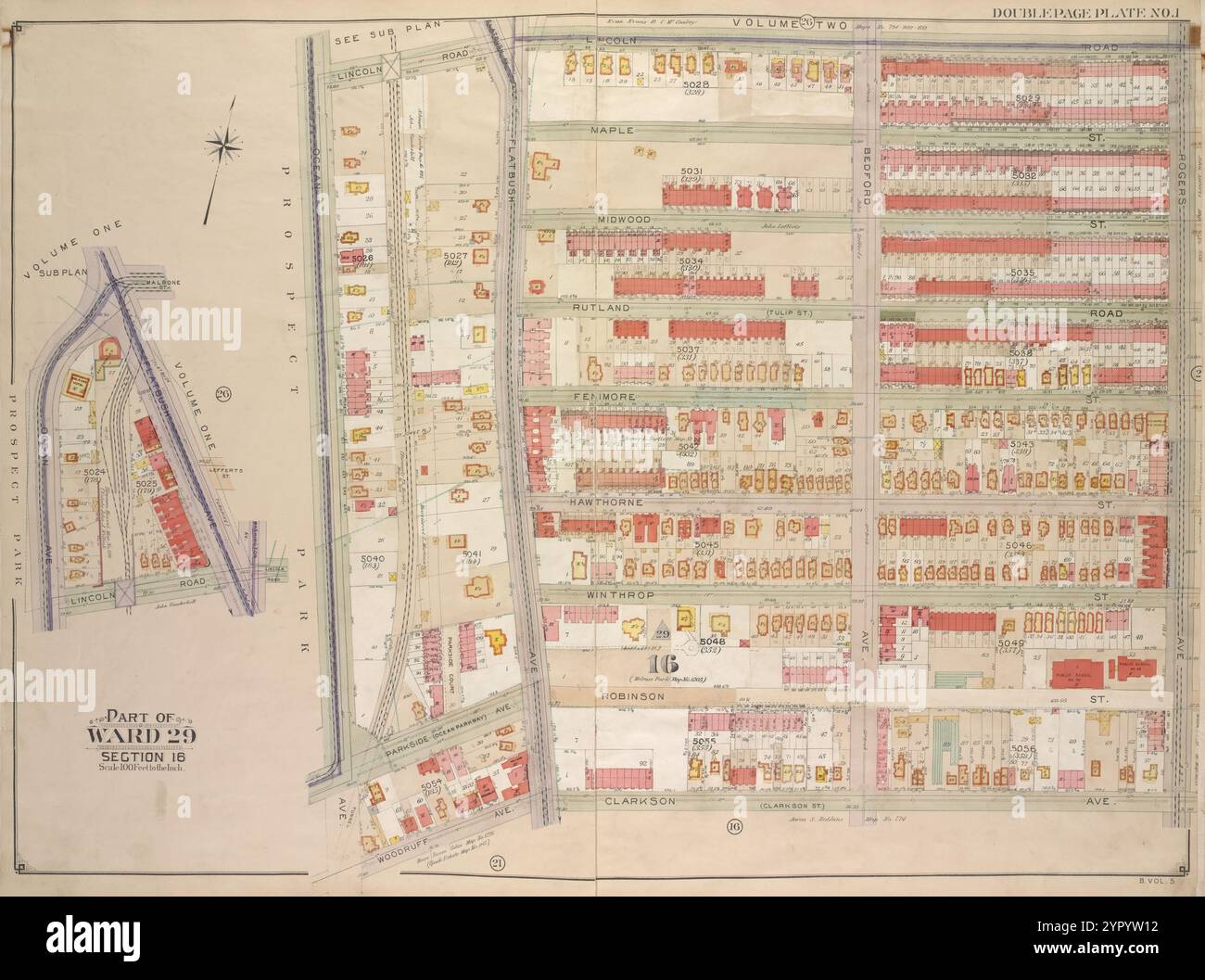 Brooklyn, Vol. 5, Double Page Plate No. 1; Part of Wards 29, Section 16; Sub Plan; 1906 di E.B. Hyde & Co.. Foto Stock