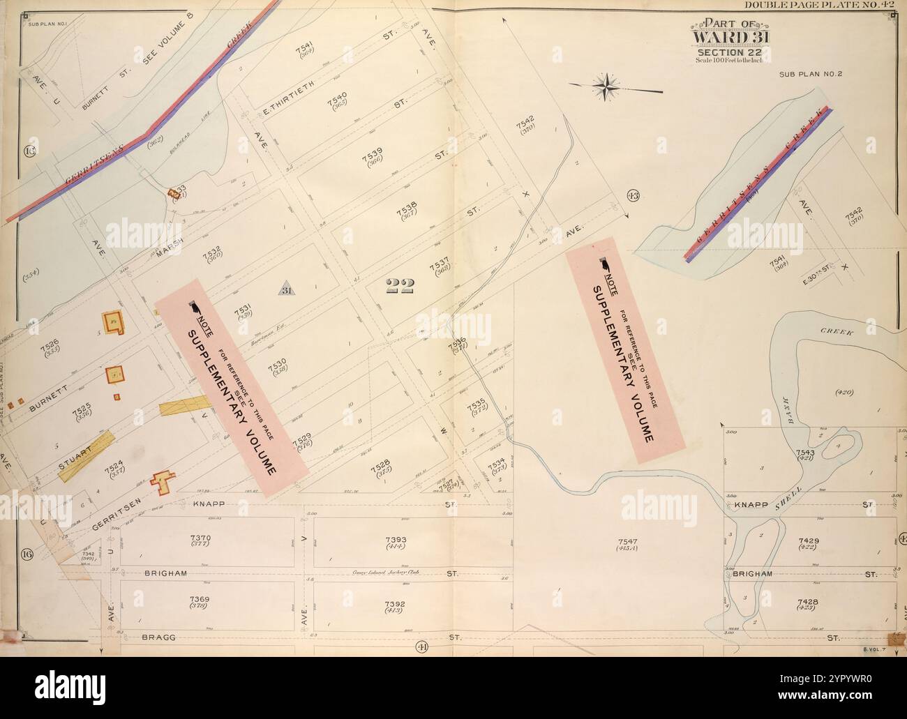 Brooklyn, Vol. 7, Double Page Plate No. 42; Part of Ward 31, Section 22; [Map bounded by Gerritsens Creek, Avenue X; including Bragg St., Avenue U]; Sub Plan No. 1; [Map bounded by Avenue U, Burnett St.]; Sub Plan No. 2; [Map bounded by Gerritsens Creek, Avenue X, E. 30th St.] 1907 by E.B. Hyde & Co Foto Stock