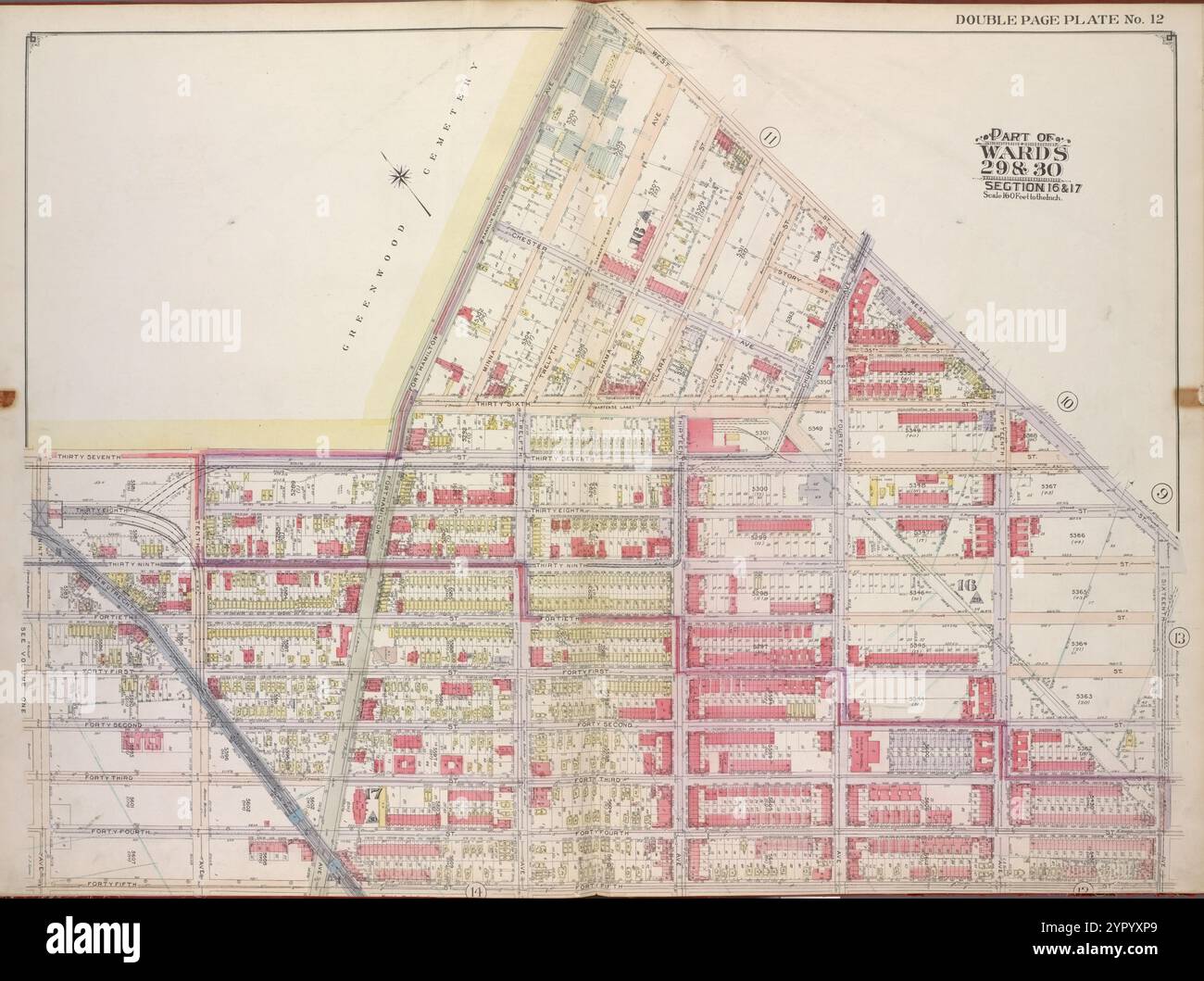 Brooklyn, Vol. 2, Double Page Plate No. 12; Part of Wards 29 & 30, Section 16 & 17; [MAP bounded by West St., 16th Ave., 45th St., 9th Ave.; including 37th St., Forthamilton Ave.] 1916 di E.B. Hyde & Co. Foto Stock