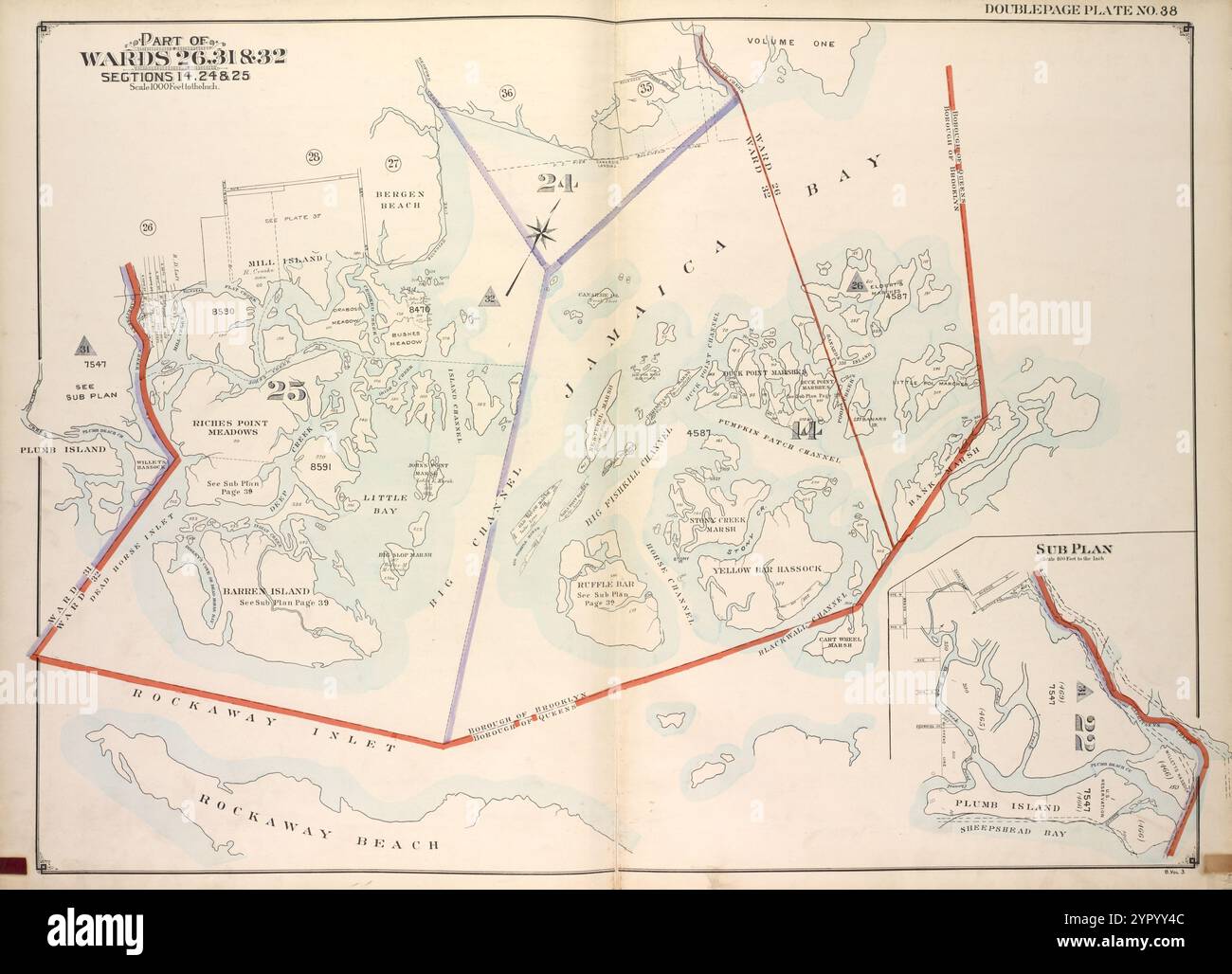 Brooklyn, Vol. 3, Double Page Plate No. 38; Part of Wards 26, 31 & 32, Sections 14, 24 & 25; [Map bounded by Bedford Creek, Fresh Creek; including Borough of Brooklyn, Carritsens Cree]; Sub Plan; [Map bounded by Garritsens Creek, Sheepshead Bay; including Avenue x, Avenue W] 1916 - 1920 by E.B. Hyde & Co. Foto Stock