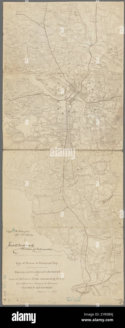 Copia della sezione della mappa fotografica catturata dal nemico, che mostra il paese adiacente a Richmond e le linee di opere difensive che circondano la città 1864 dagli Stati Uniti. Esercito del Potomac Foto Stock