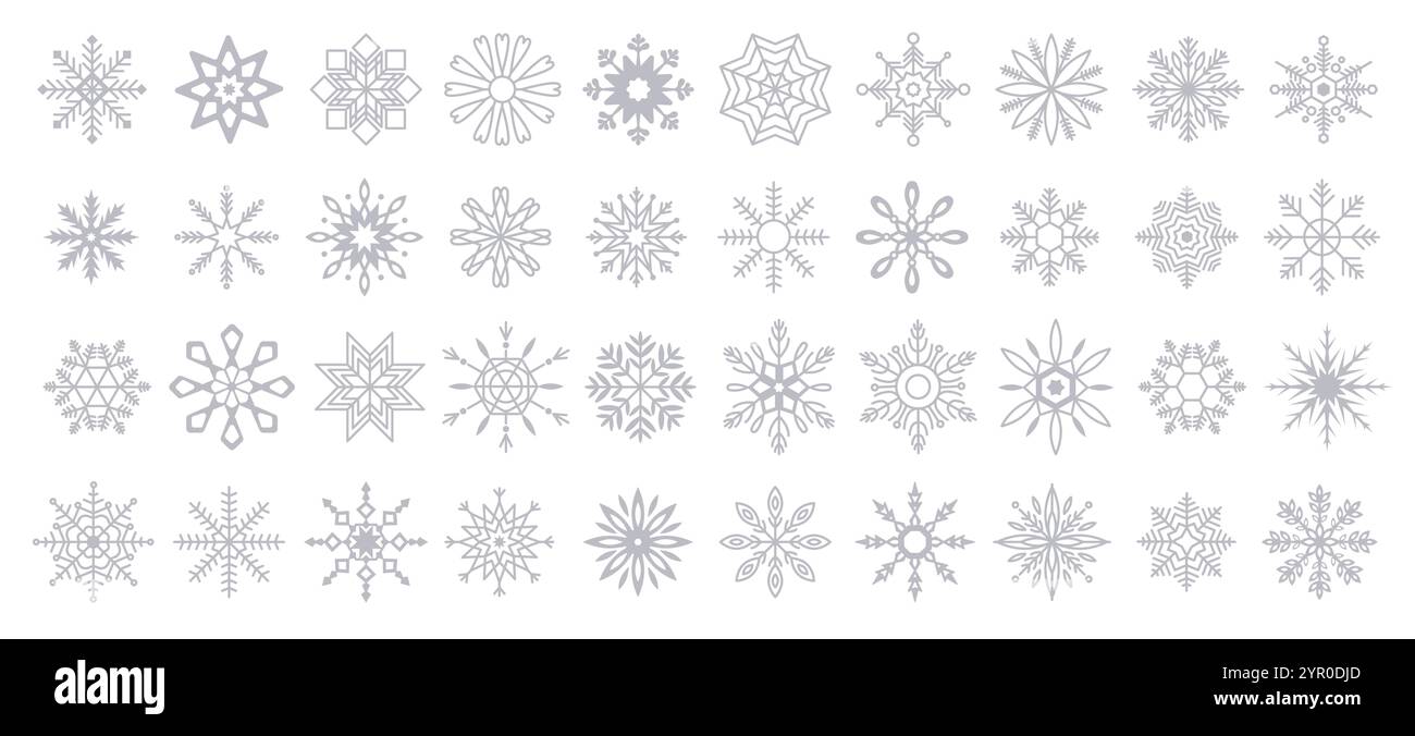 Delicate forme a fiocco di neve che rappresentano la collezione di icone lineari grigie invernali. Oggetti per le festività natalizie in bianco Illustrazione Vettoriale