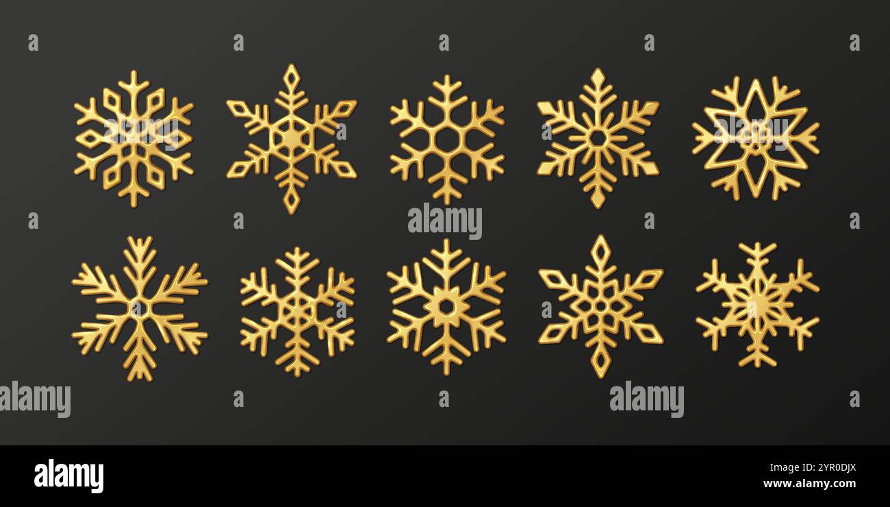 Fiocchi di neve dorati brillanti e realistici set di icone a colori. Buon Natale ornamento natalizio con cristalli congelati simboli oggetti 3d in nero Illustrazione Vettoriale