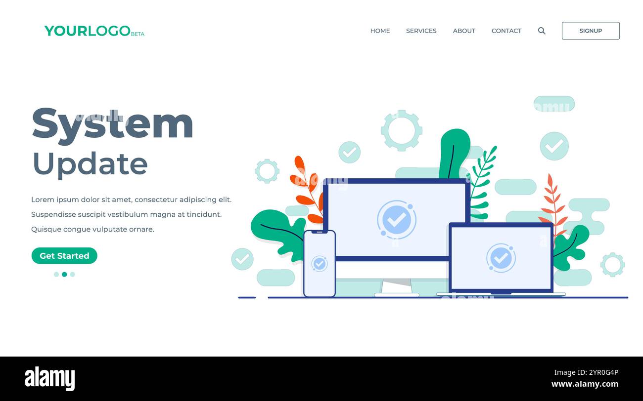 Aggiornamento software completato sullo schermo del computer desktop, del computer portatile e dello smartphone. Illustrazione vettoriale piatta per pagina di destinazione, interfaccia utente, app mobile Illustrazione Vettoriale